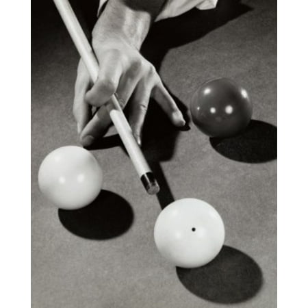 High angle view of a mans hand hitting a pool ball with a cue stick Stretched Canvas -  (18 x (Best Hitting Pool Cue)