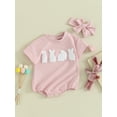 thumbnail image 3 of Suealasg Baby Girls Easter Outfits Short Sleeve Bunny Embroidery Romper + Headband Set 2Pcs Newborn 1st Birthday Clothes, 3 of 9
