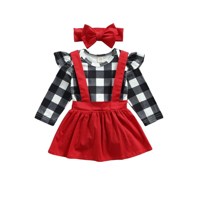 FOCUSNORM Christmas Newborn Girls Long Sleeve Romper + Suspender Skirt + Bow Headband, Ruffle