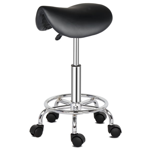Saddle Stool with Backrest, 360 Swivel Adjustable Height Bar Stool, PU Leather Counter Height Stool with 5 Casters for Kitchen Island, Home Bar, Game Room, Office, Black