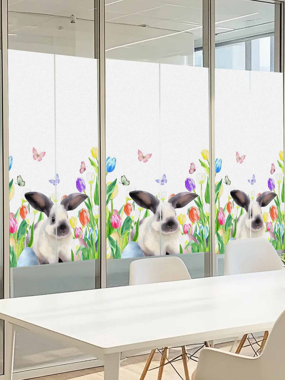 Easter Window Privacy Film, Watercolor Spring Rabbit Floral Eggs Butterfly Frosted Glass Window Clings Static Cling UV Heat Blocking Reusable Door Sticker for Bathroom 23.6 x 59 Inch