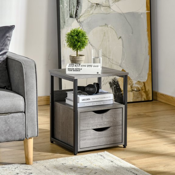 HOMCOM Industrial Side Table, End Table with 2 Drawers, Gray