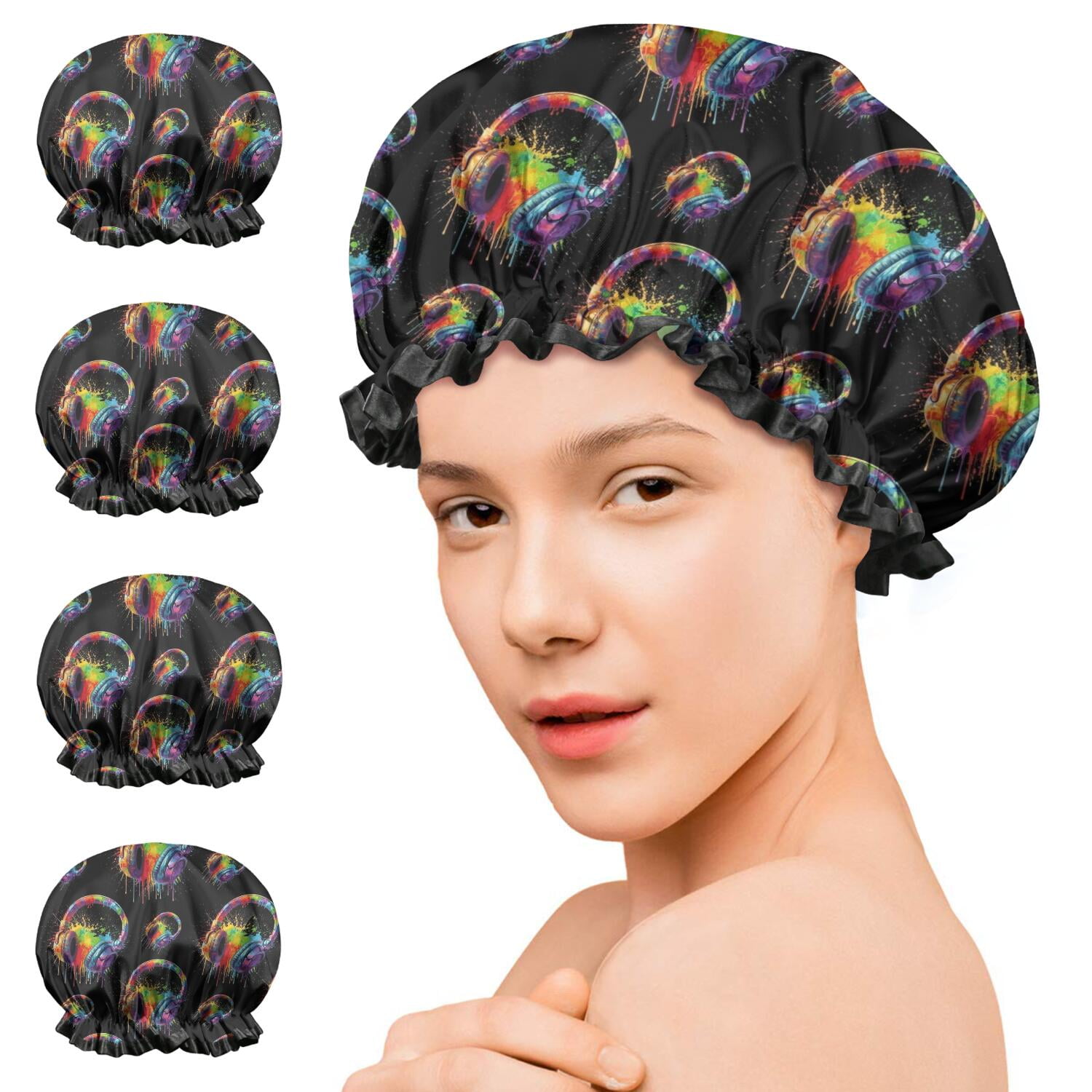 Shower Caps,Colorful Headphones Games Black Pattern Waterproof Shower Cap for Women 4 Pieces,Double Reusable Hair Cover for Shower PEVA Elastic Stretch Hem
