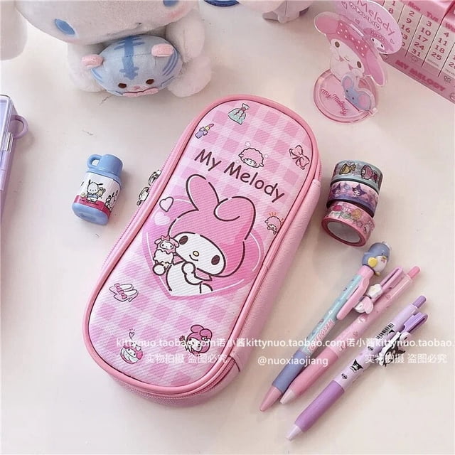 Sanrio Kuromi-Bolsa de lápices de PU, Hello Kitty, Cinnamoroll, Pochacco, con cremallera, bonita caja de papelería para estudiantes de escuela, portatarjetas