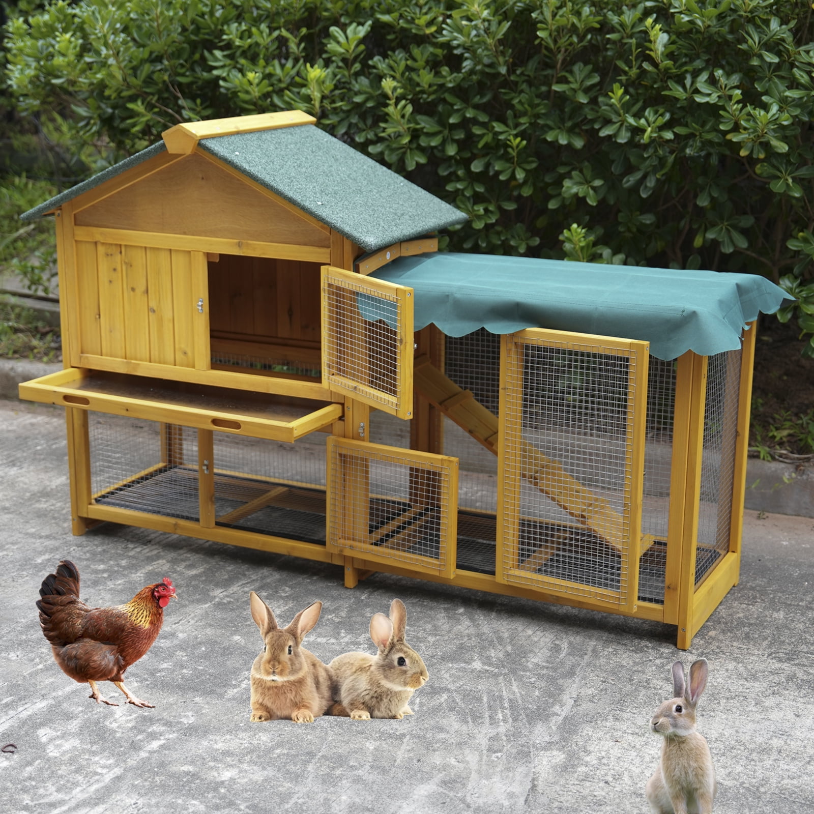 Indoor/Outdoor Rabbit Hutch with Run, Deeper No-Leak Tray, UV Panel, Removable Wire Mesh & Waterproof Sun Cover