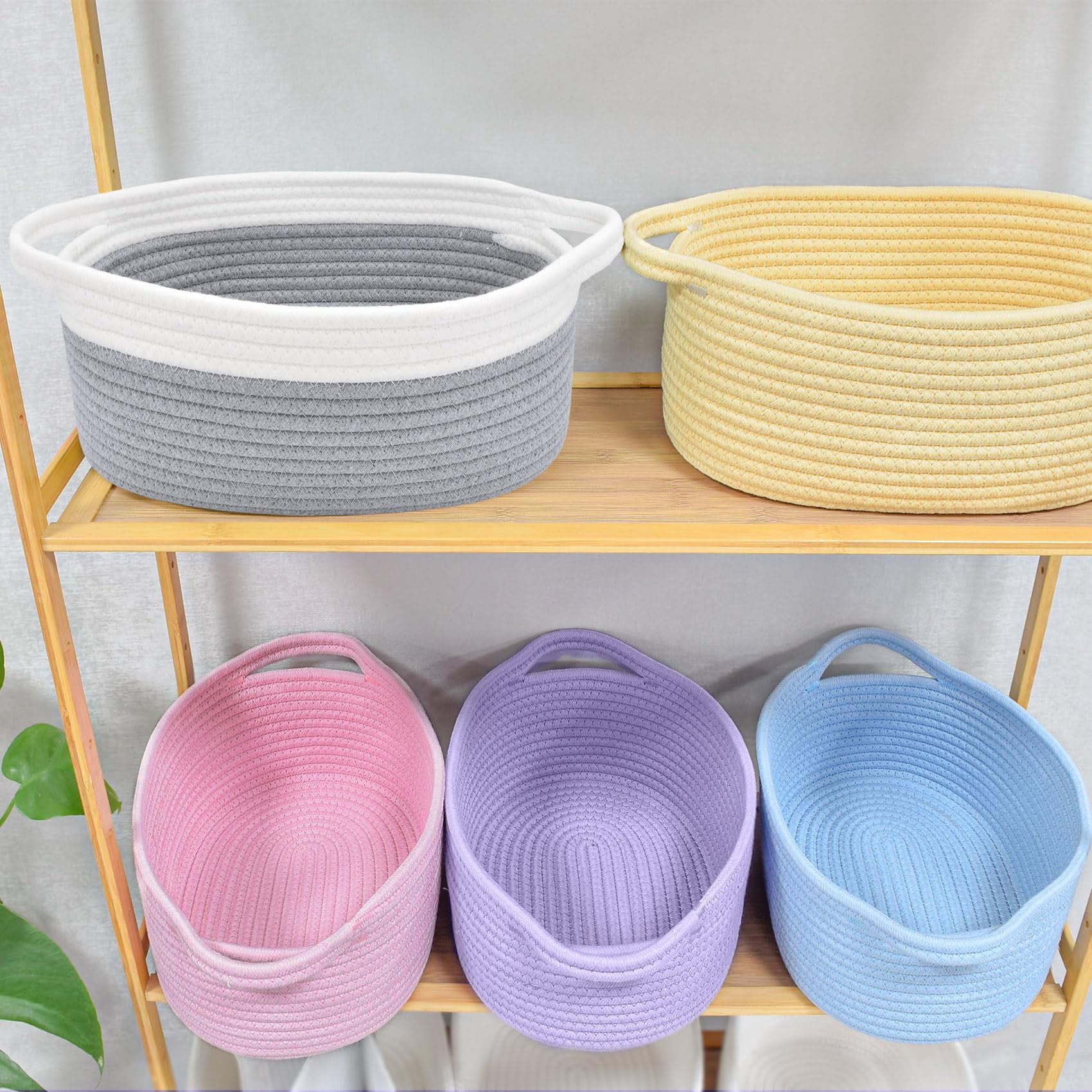 Small Basket with Handles, Boho Decorative Rope Woven Storage Bin Organizer, Pet Toy Storage, Easter and Holiday Gift Basket, 12"x8"x5", White
