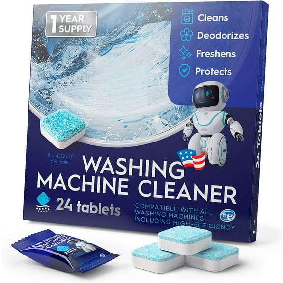 Washing Machine Cleaner and Descaler Tablets 24 Pcs - Deep Clean and Descaling for HE Front and Top Loaders Washer - High-Efficiency Tablets for a Fresh, Spotless Laundry, Remove Odor - 1 Year Supply