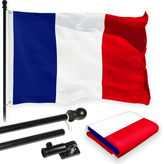 G128 Combo Pack: 6 Feet Tangle Free Spinning Flagpole (Black) France French Flag 3x5 ft Printed 150D Brass Grommets (Flag Included) Aluminum Flag Pole