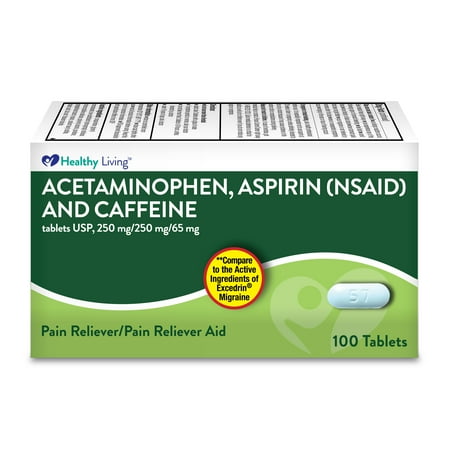 Healthy Living Migraine Relief, Acetaminophen, Aspirin (NSAID) & Caffeine Tablets, Migraine Headache Relief, Pain Reliever/Pain Reliever Aid, 100 Count