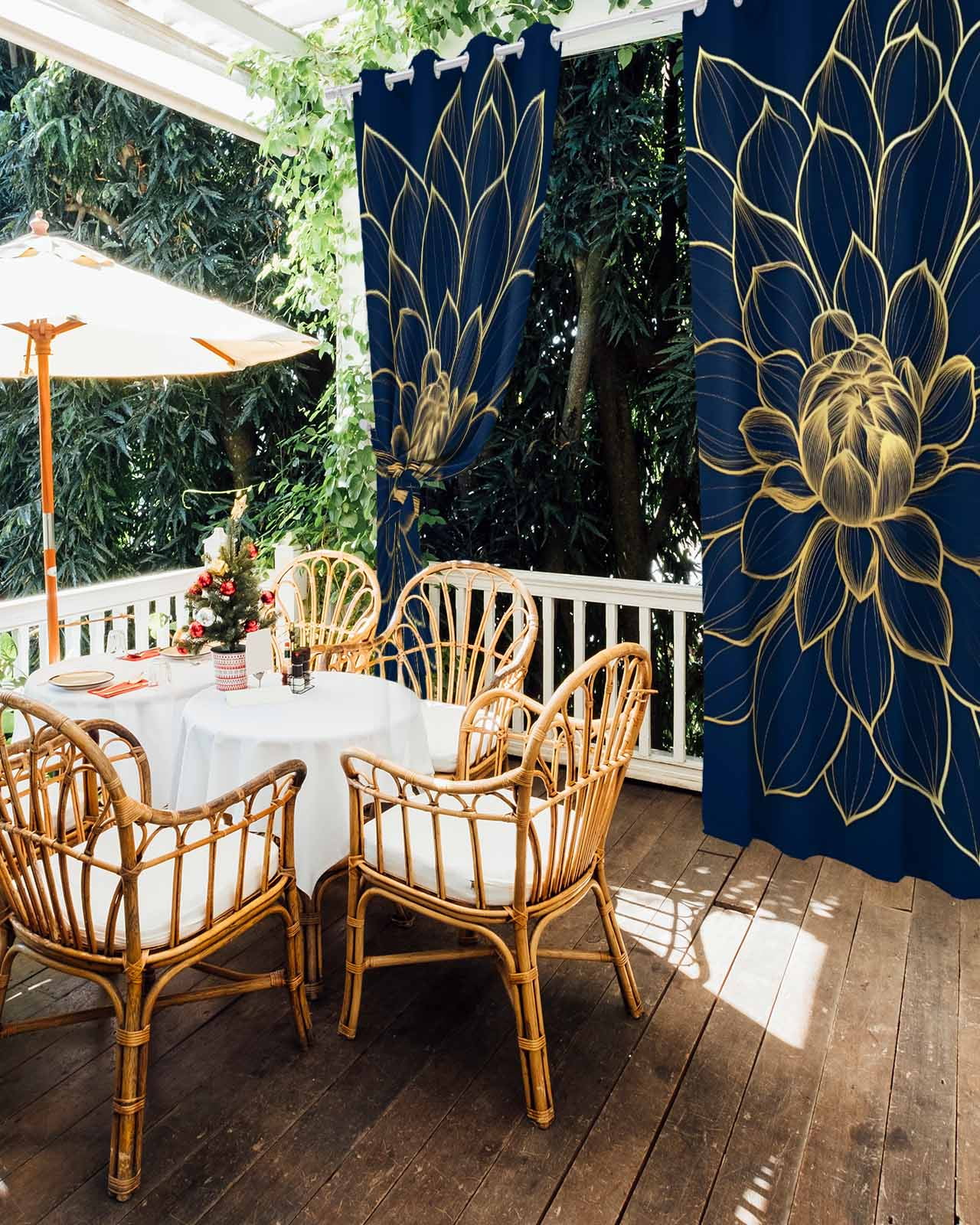 Navy Blue Yellow Spring Floral Outdoor Curtains for Patio, Chic Blossoms Botanical Privacy Drapes Grommet Waterproof Outside Curtains for Porch/Cabana/Balcony 54"x 108", 1 Panel
