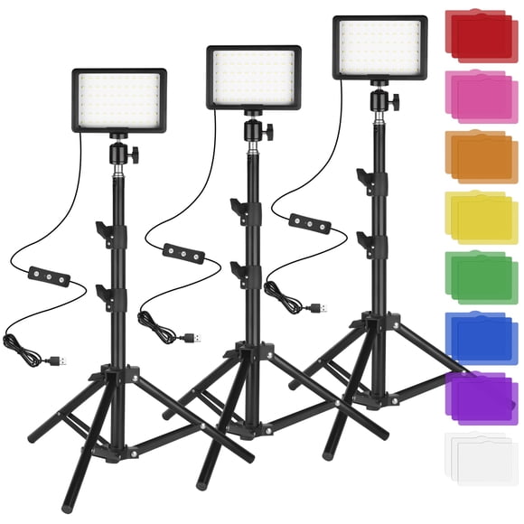 Paquete de 3 luces LED para fotografía y vídeo, regulables, 5600 K, con trípodes