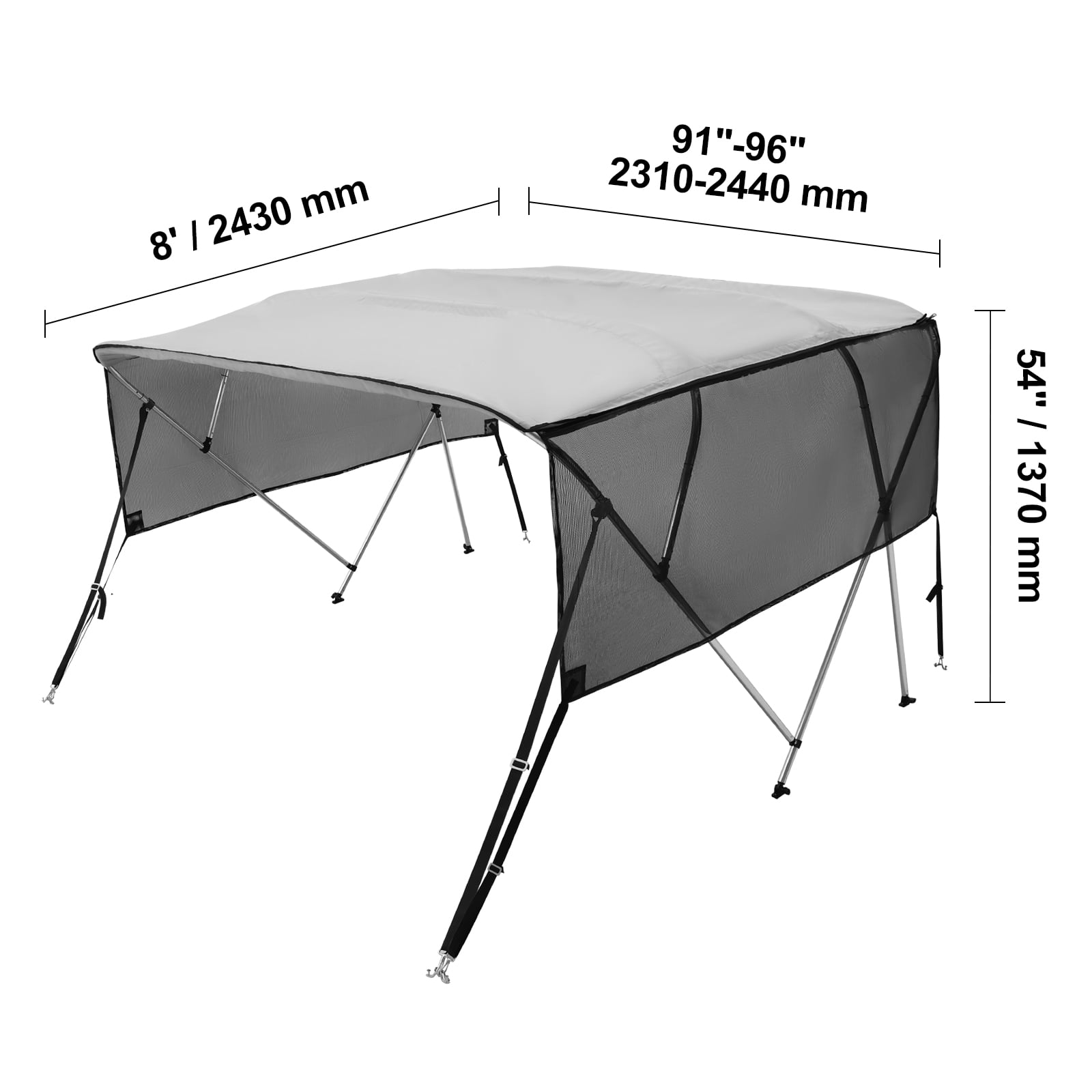 KFFKFF 4 Bow Bimini Top Boat Cover Detachable Mesh Sides 600D with Frame 91"-96"W