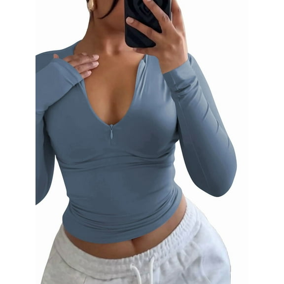 Quarter Zip V Neck Long Sleeve Cropped Top Going Out Tops for Womens Fall Fashion 2025 Gray Blue XL
