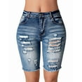 thumbnail image 2 of roswear Women's Mid Rise Stretchy Denim Bermuda Shorts Frayed Hem Curvy Distressed Jean Shorts, 2 of 4