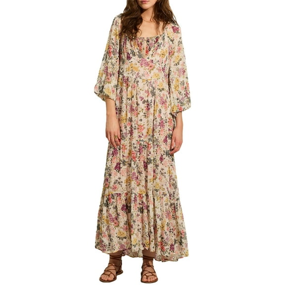 Women Long Dress, 3/4 Sleeve Dress V Neck Flower Print Loose Summer Casual Swing Dress