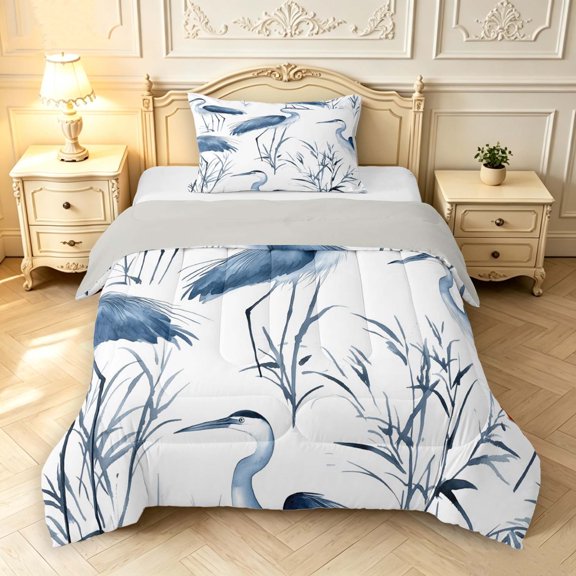 Erosebridal Watercolor Heron Animals Twin Comforter Sets,Cute Wildlife Bedding Set,White Blue,Light Gray Reversible,2 Pieces,1 Comforter and 1 Pillowcase