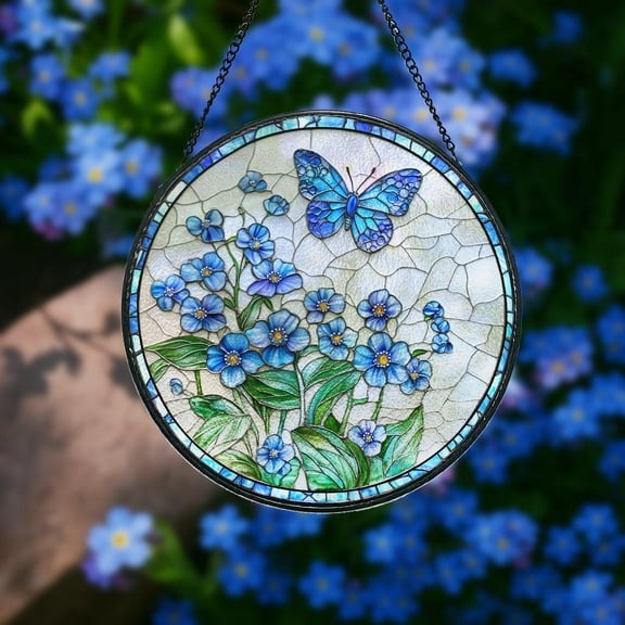 Forget Me Not Butterfly Stained Glass Suncatcher, Floral Window Hanging, Garden Decor, Botanical Suncatcher Decor, Hanging Window Panel 4315998568