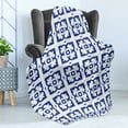 thumbnail image 4 of Abstract Soft Flannel Fleece Blanket, Repeating and Art Deco Inspired Vintage Motifs on a Plain Background, Cozy Plush for Indoor and Outdoor Use, 60" x 80", Persian Blue and White, by Ambesonne, 4 of 5
