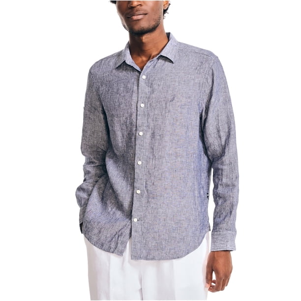 Nautica Mens Woven Linen Button Up Shirt, blue, M Neck