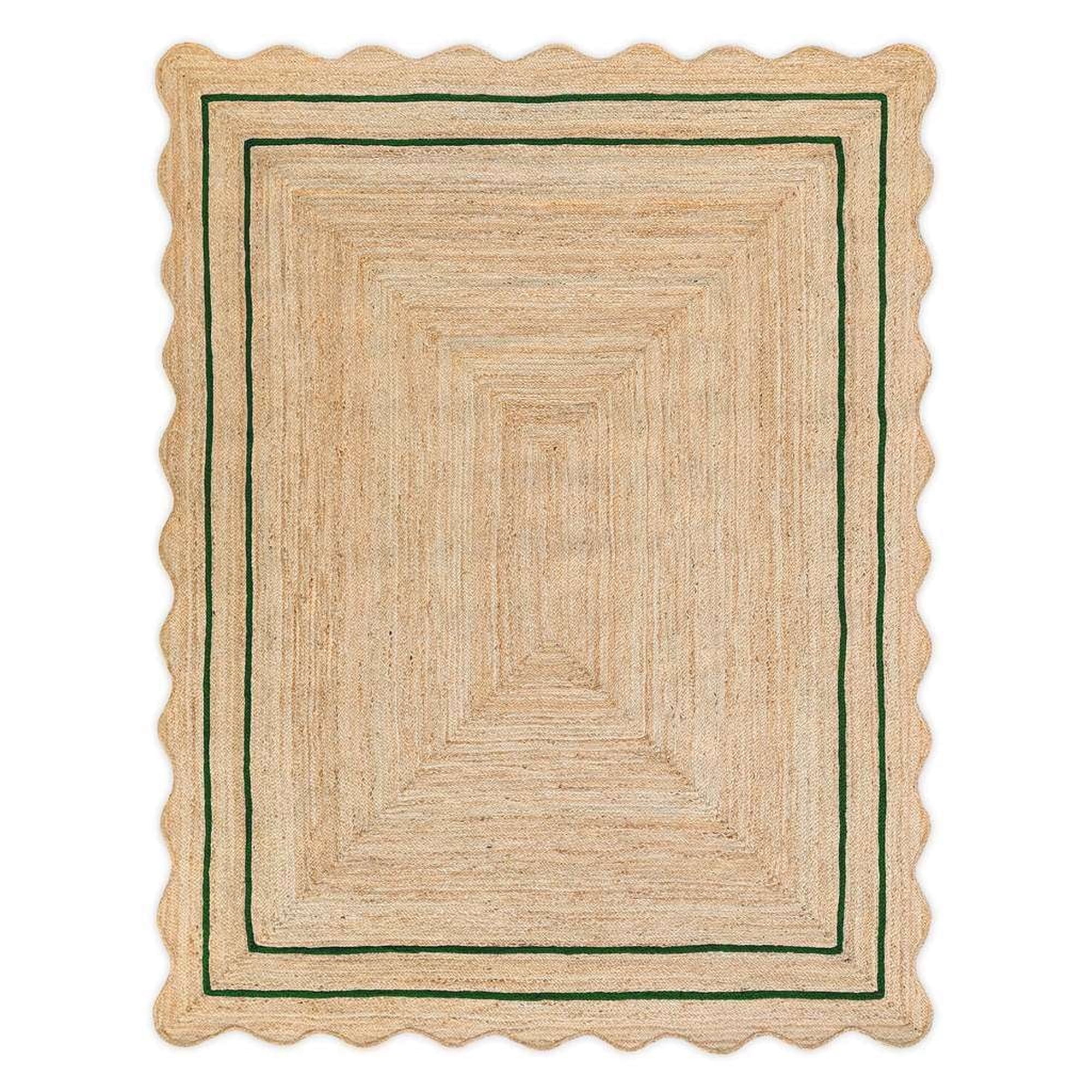 Vintage Jute Area Rug Decor Braided Rectangular Scalloped Vintage Carpet with Multi Border Green 2' x 6' BY KALVEERA