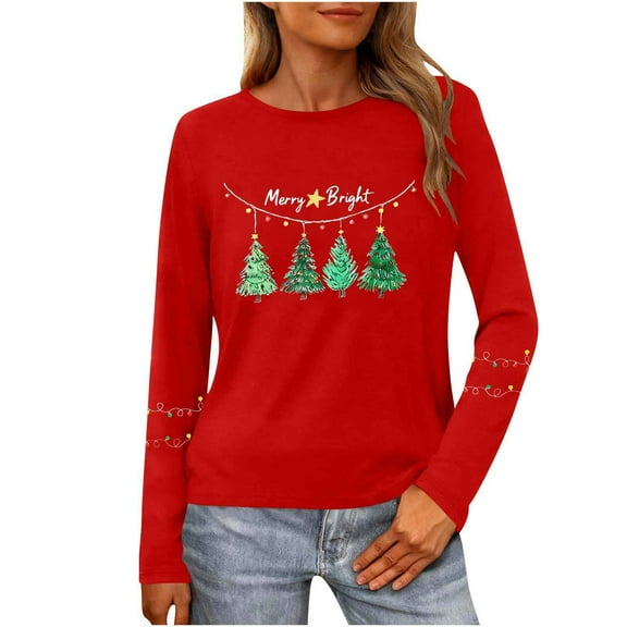 Christmas T-Shirts for Women Lightweight Crewneck Pullover Long Sleeve Graphic Printed Tees Holiday Xmas Tops (XL, Red)