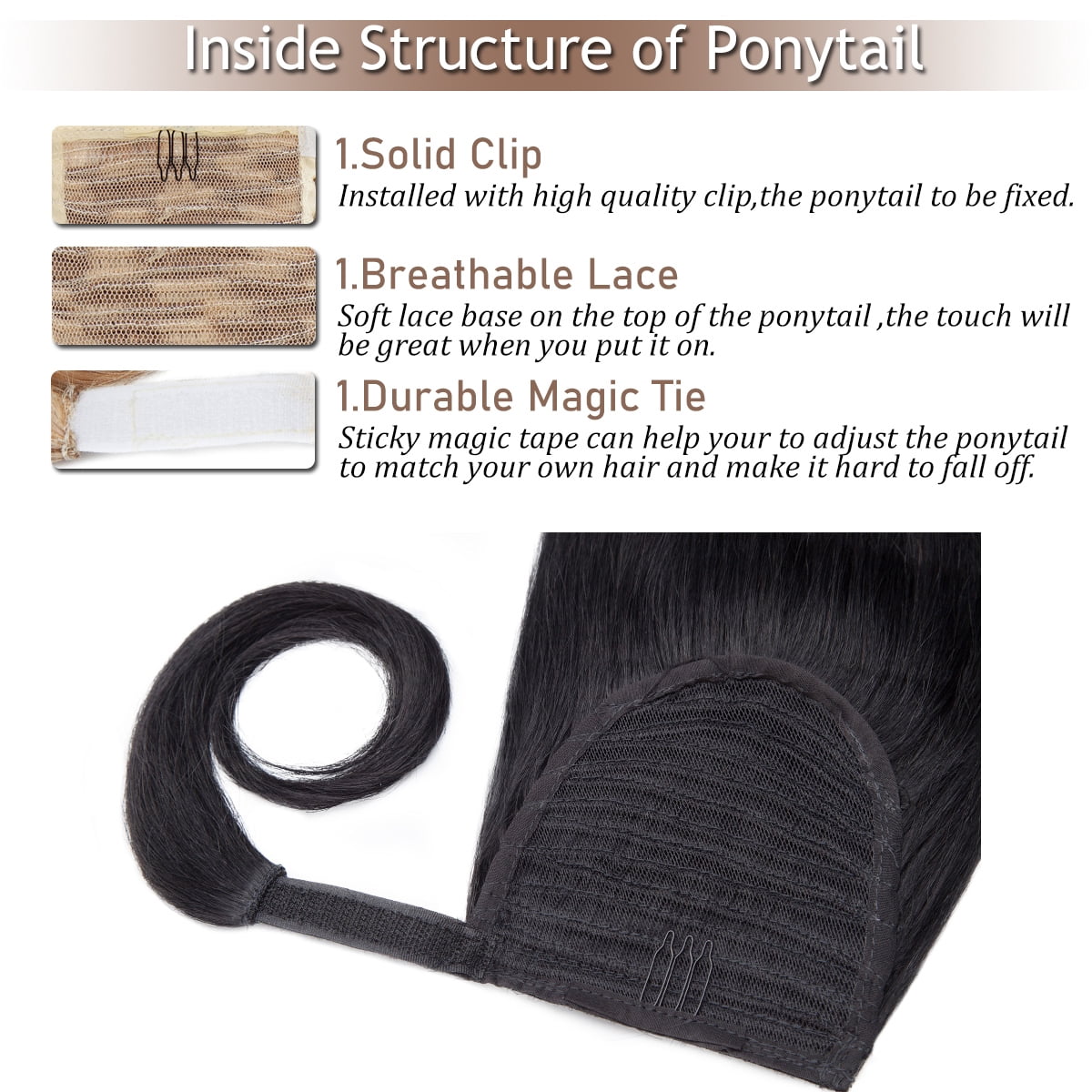 SEGO Clip in Hair Extensions 100% Remy Human Hair Wrap Around Ponytail Extension Thick Long Straight Black Hairpiece with Comb Magic Paste Pony Tail