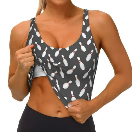Qokaie Bowling Pins Pattern Womens Scoop Neck Sports Bra Breathable Workout Vest Padded U Back Medium Impact Fitness Gym Yoga Bra Workout Crop Top