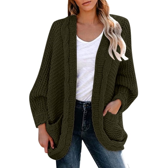 Ediodpoh Women Casual Solid Crochet Sweater Cardigan Loose Long Sleeve Pocket Long Coat Cardigan Sweaters for Women Green L