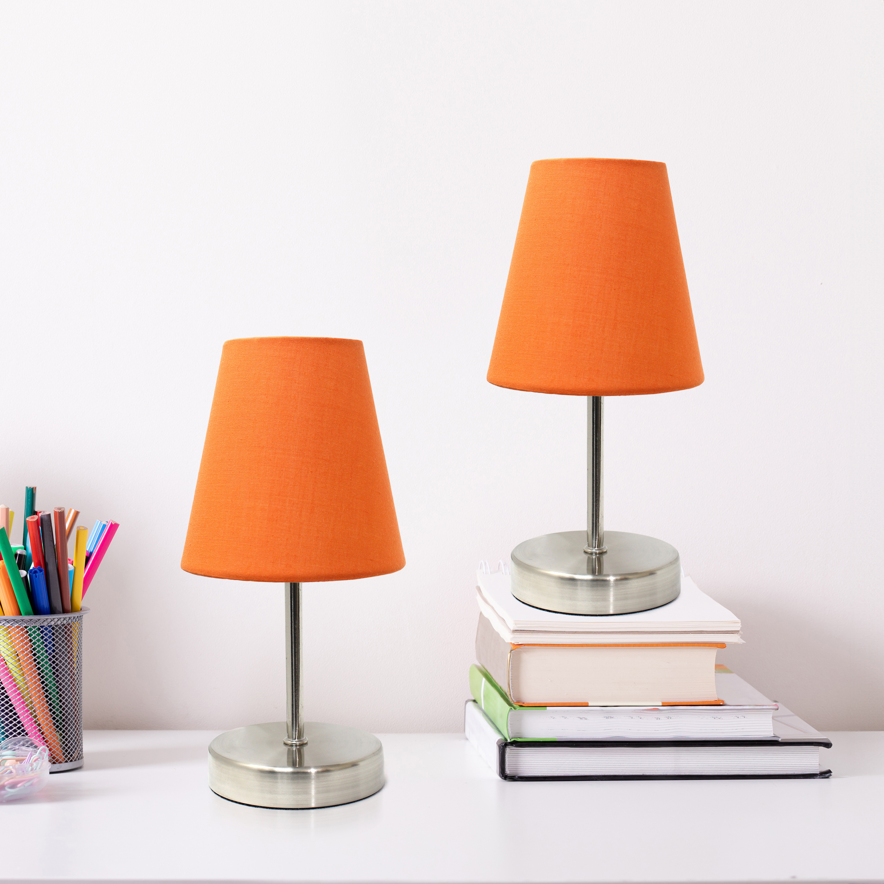 Creekwood Home 10.5" Iconic Duo Mini Sand Nickel Table Lamp Two Pack Set, for End Tables, Nightstands, Offices, Orange Shades