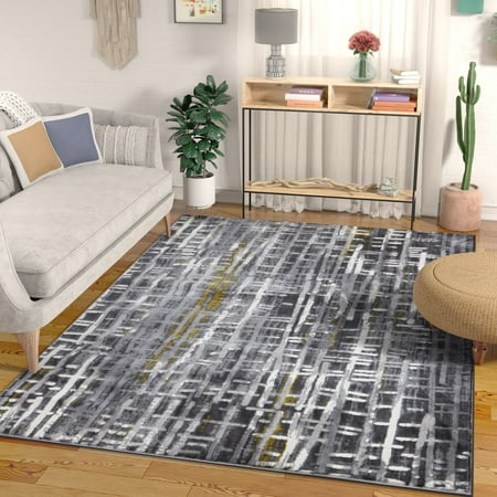 - Borough Grey & Yellow Modern Geometric High-Low Pile Area Rug 5x7 (5'3