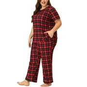 Agnes Orinda Women's Plus Size Pajamas Sets Short Sleeve Sleepwear Plaids Red 2X