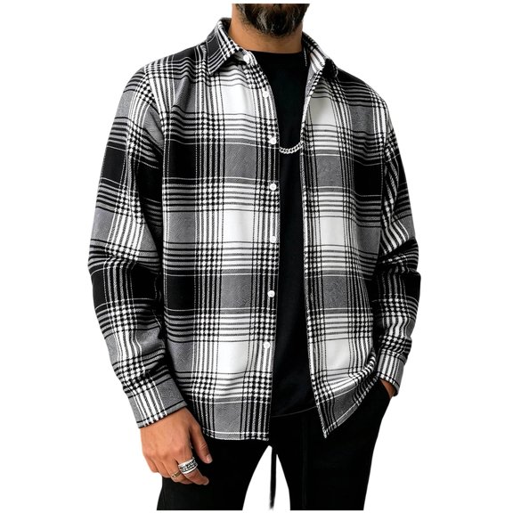 WRKEKC Plaid Shirt Men Long Sleeve Button-Down Flannel Shirts Casual Turn-Down Collar Loose Fit Daily Tops