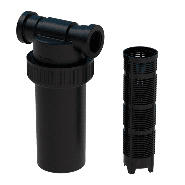 filtro de agua con cartucho de malla Fleximatic, vista frontal centrada del cuerpo negro con rosca 3/4 NTP y cartucho cilíndrico de malla extraído a la derecha; resina acetal con aditivo UV, anillo roscado para acceso, discos lavables reutilizables de 787 micras, diseñado para sistemas de riego y recomendable instalar después del medidor; a menudo se usa como prefiltrado en líneas exteriores.
