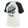 thumbnail image 2 of Women's WEAR by Erin Andrews White Jacksonville Jaguars Sleeve Stripe Distressed Raglan T-Shirt, 2 of 6