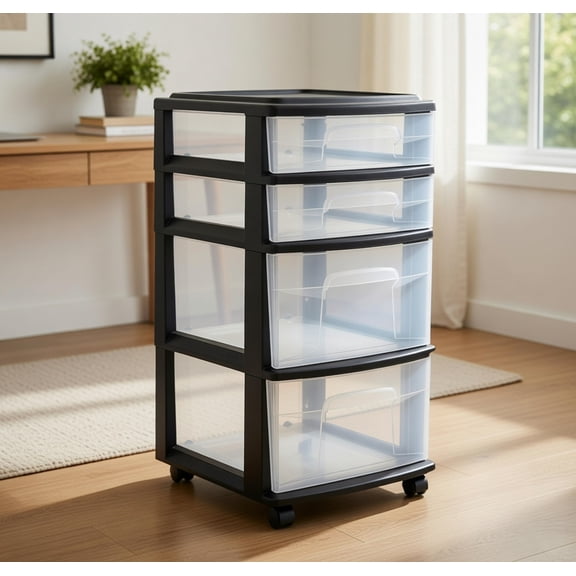 4-Drawer Rolling Plastic Storage Cart with Wheels, Black Frame and Clear Drawers