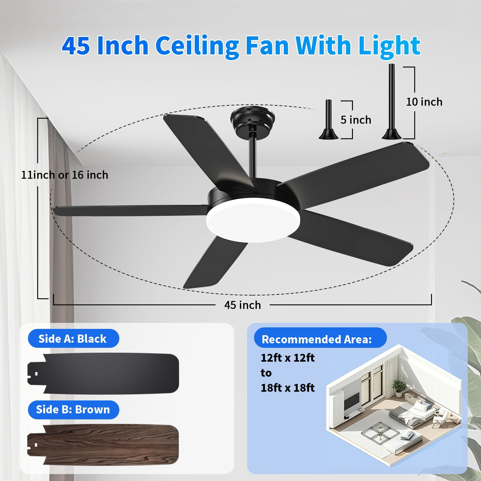 Kaqinu Ceiling Fans with Lights and Remote & App Control,45 inch Modern Ceiling Fans,6 Speeds 3 Colors for Indoor Black