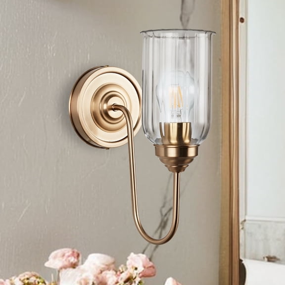 Modern Antique Brass Fluted Glass Vanity Light, Indoor/Outdoor Wall Sconce, Wall Mounted Light beside Mirror, for Entryway, Hallway, Living Room