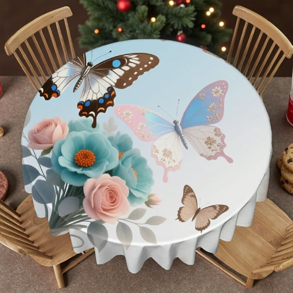 Flower-Butterfly tablecloth round, Machine-Made - Polyester Tablecloths Family Round Tablecloth, Cafe, picnic,60x60 Inch