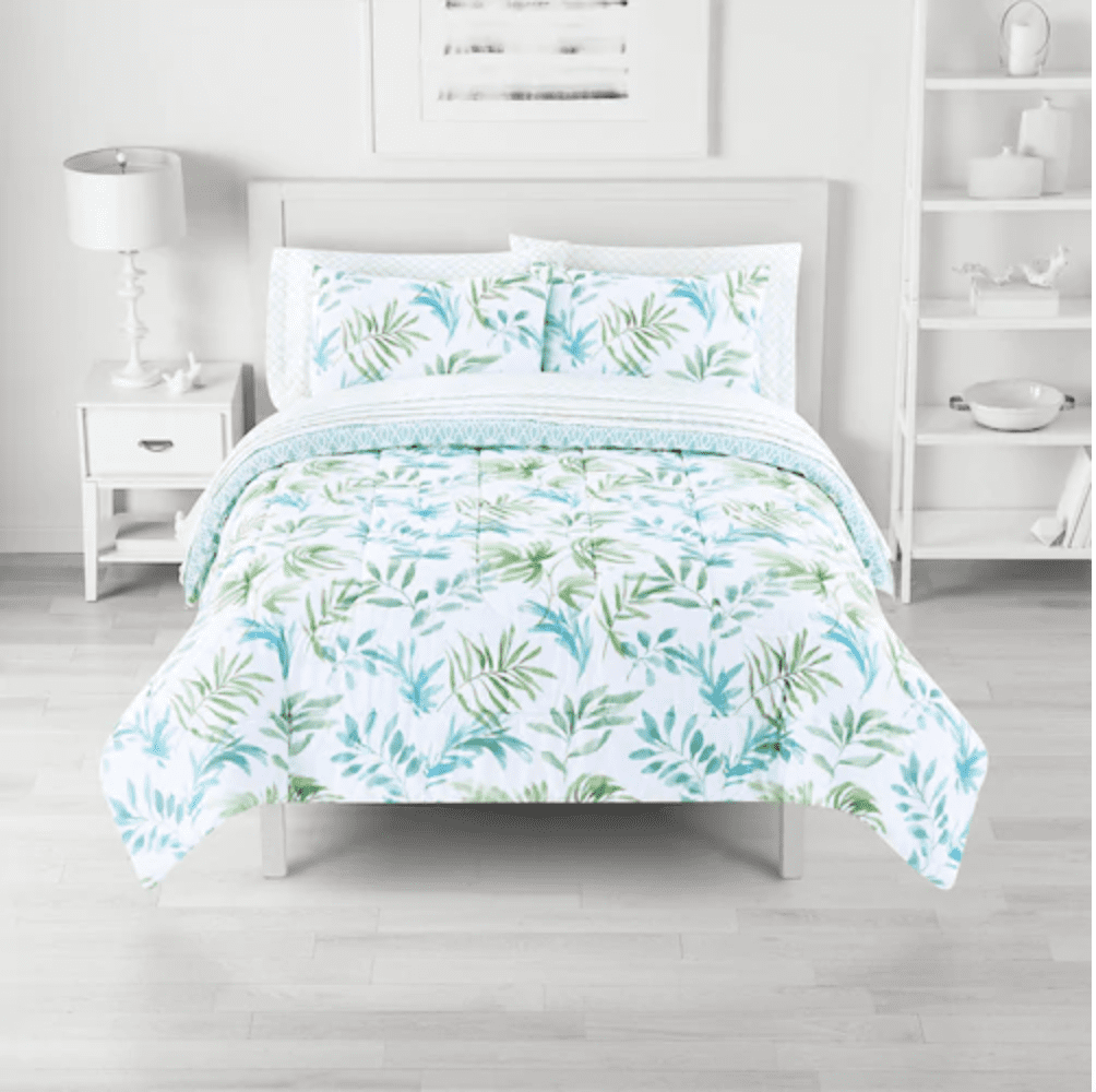 Blue & Green Coastal Tropical Beach Palm Leaves FULL Comforter Set (9