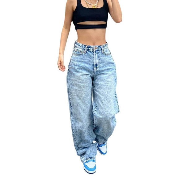 Lnzyyephy Women Fashion Loose Jeans, Solid Color High Waist Straight Leg Denim Long Pants with Pockets