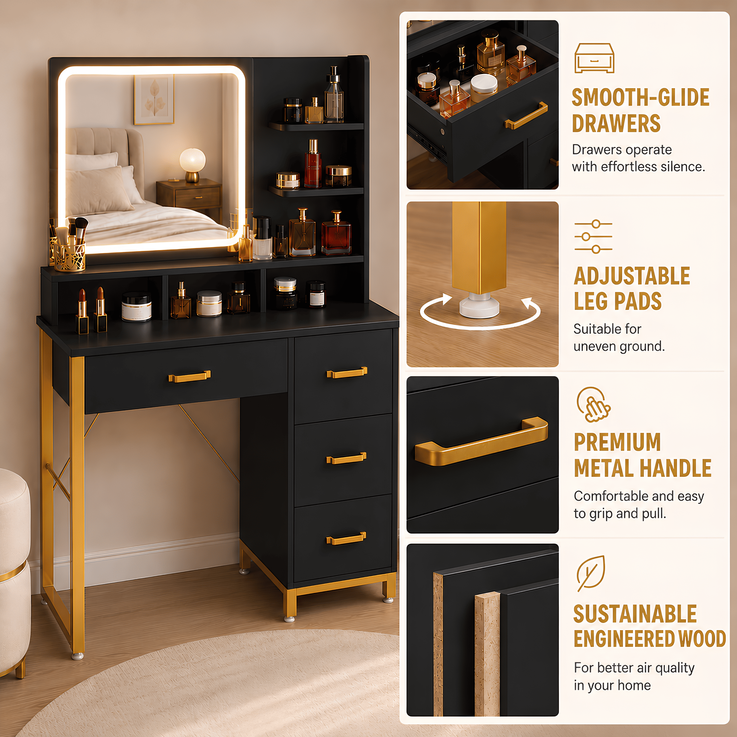 CLOUDREST PRO Makeup Vanity Desk with LED Lighted Mirror for Bedroom, 3 Color Lighting Modes, Storage Drawers & Open Shelves, Gold & White Beauty Dressing Table for Women, Black