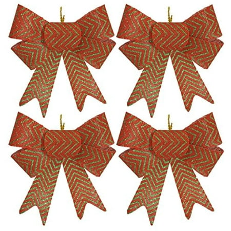 Set of 4 Red and Green Festive Holiday Christmas Bows - Perfect as Tree Ornaments - Tree Filler - Decorative Ornaments - Perfect for Preparing for the Holidays! (4, Red and