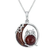Genuine Baltic Amber Owl and Moon Pendant Necklace in Sterling Silver, 18"