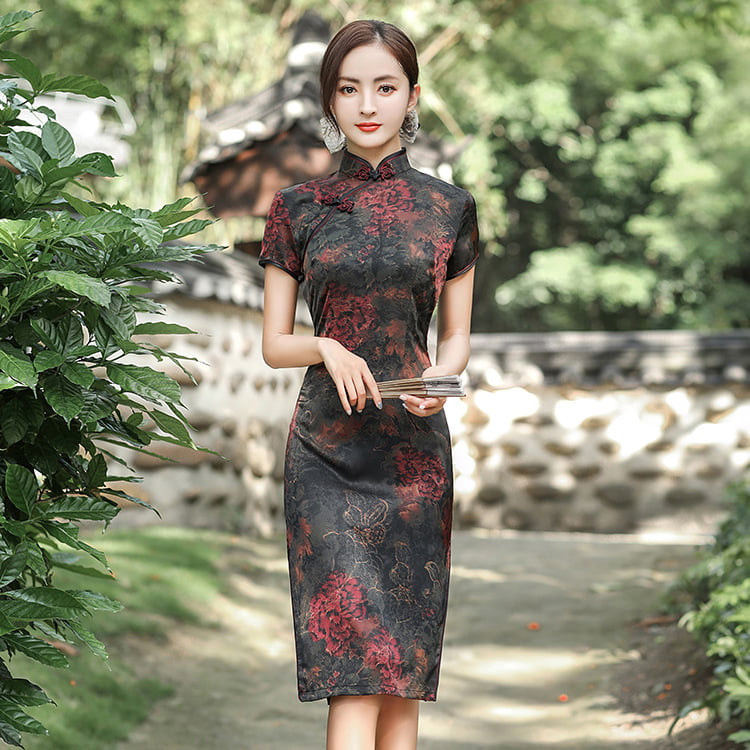 Womens Stand Collar Split Chinese Pencil Dress Floral Print Cheongsam Dresses 
