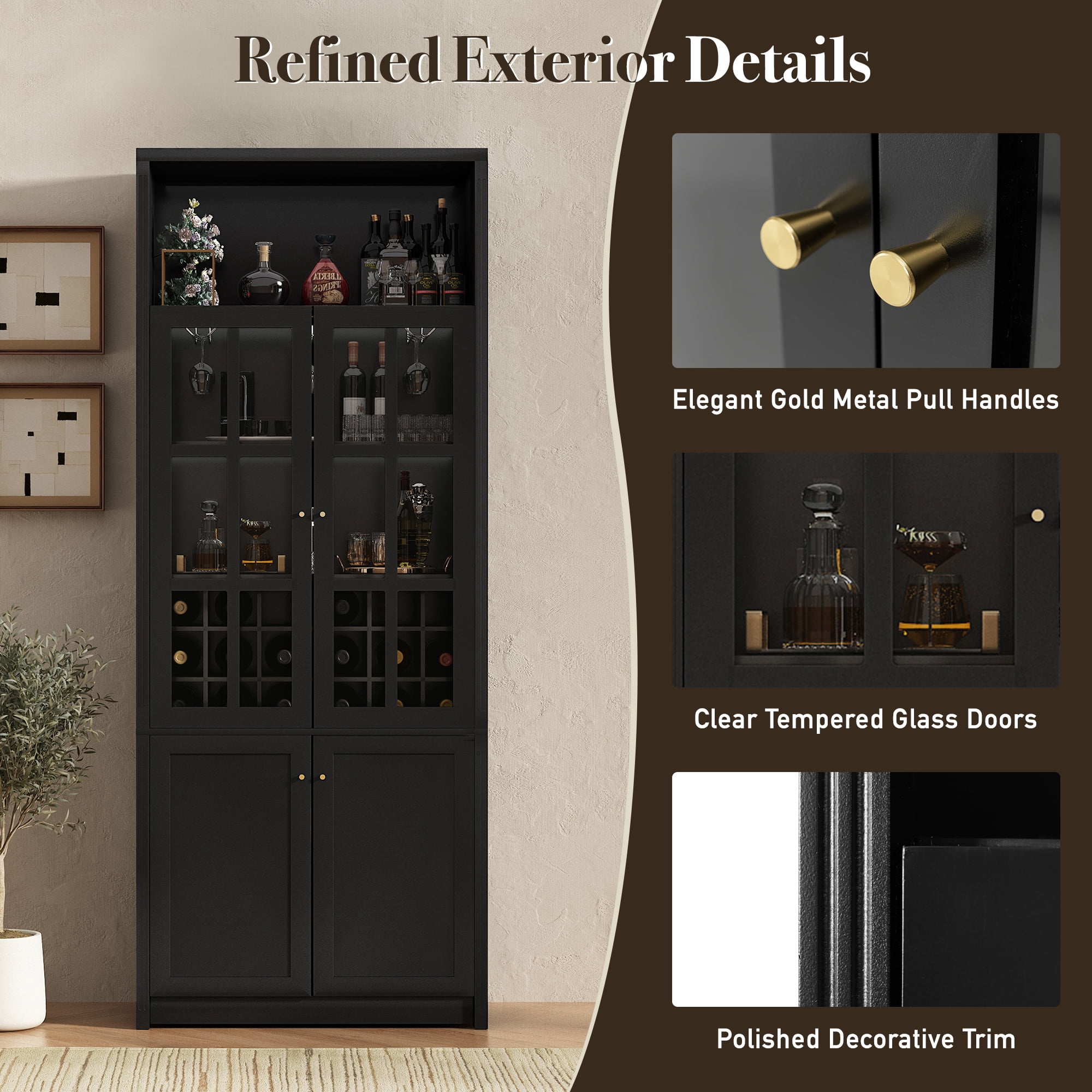 Euroco 78.7" Tall Modern Wine Bar Cabinet with Glass Doors,Coffee Bar Cabinet with 18 Wine Racks, Stemware Rack,Door Storage Shelves & Adjustable Shelves for Kitchen Dining Room,Black