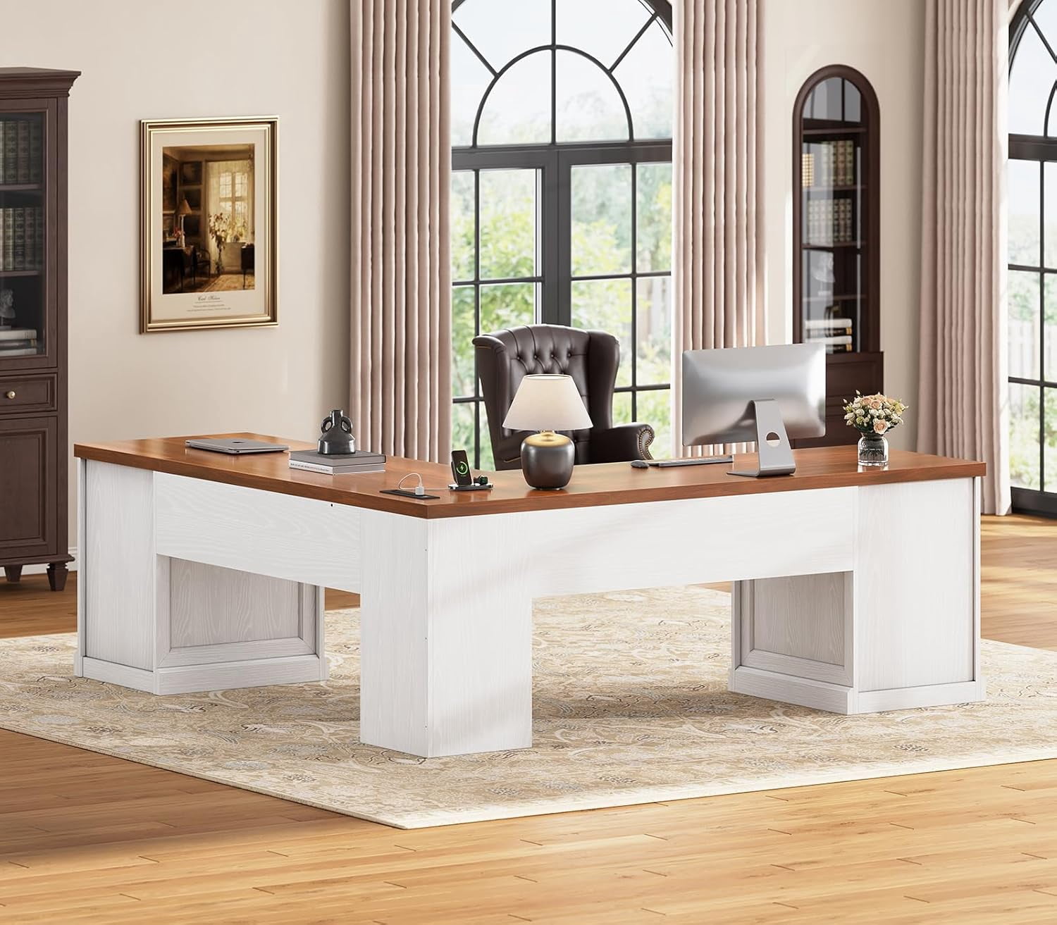 SEDETA Large L Shaped Desk with 4 Wood Drawers, 67"x 67" Executive Desk with File Drawers & Storage Cabinet, Farmhouse Corner Computer Desk with Power Strip for Home Office, White & Brown