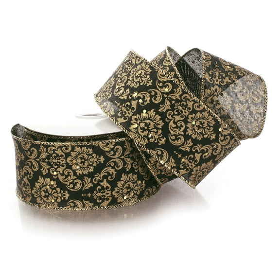 Ribbon Traditions 2 1/2" Wired Ribbon Black / Gold Damask - 25 Yards