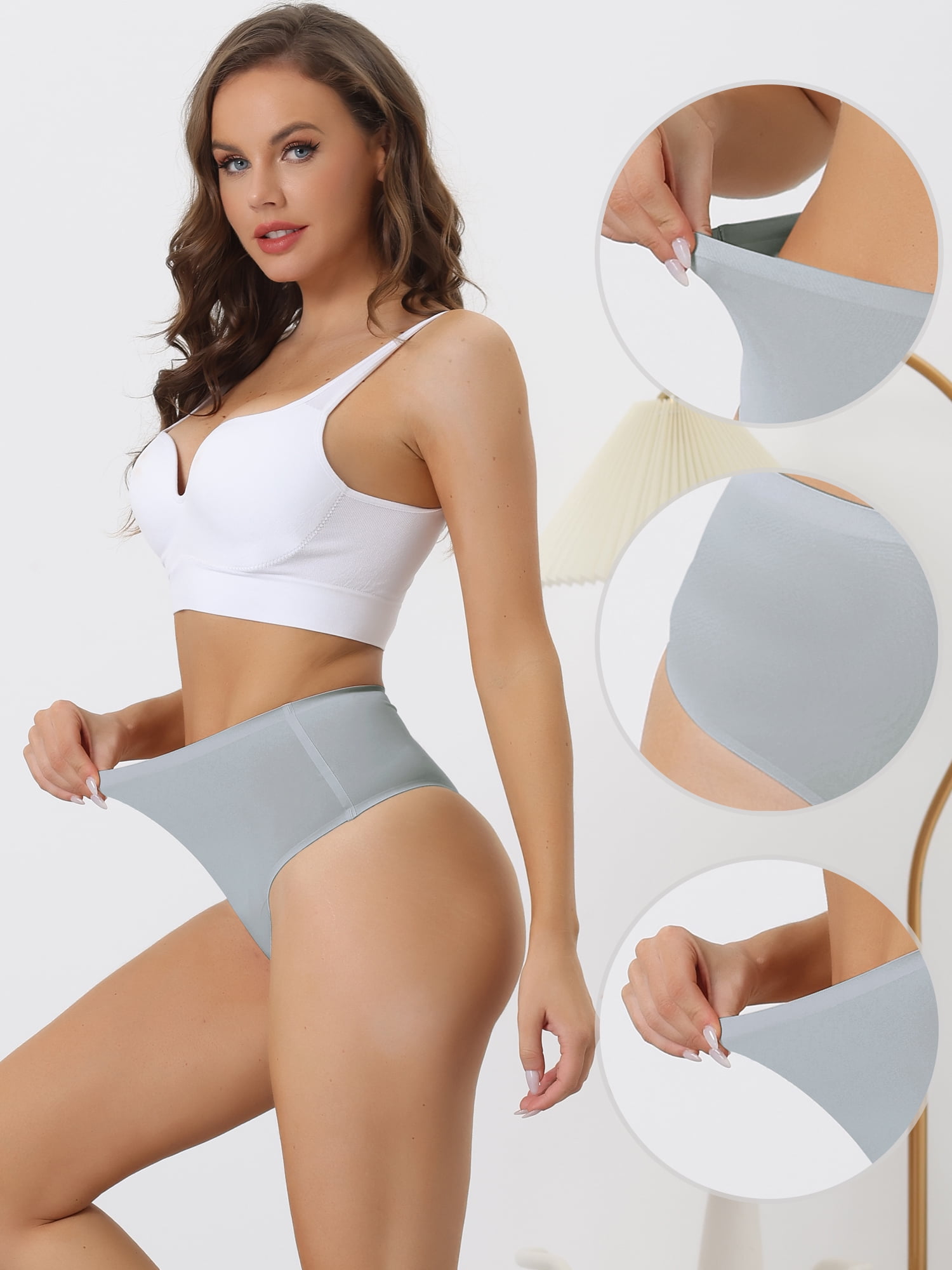 DARING DIVA Women's High Waist Tummy Control Stretch Thongs Underwear S Grey