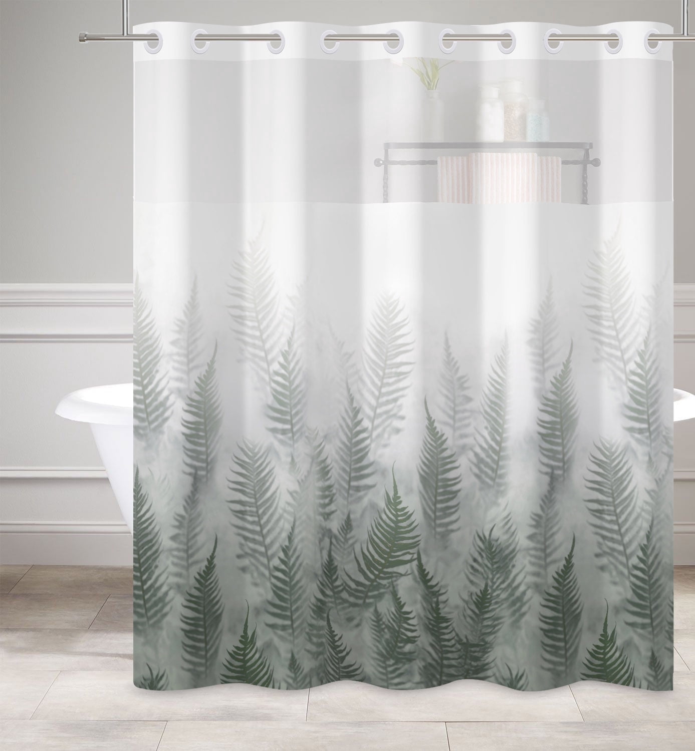 Mizhonag Grey and Green Hookless Shower Curtain with Snap in Liner Forest No Hook Waterproof Fabric Bathroom Curtain,71"× 74"