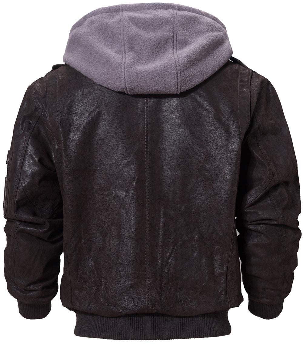 FLAVOR Men's Leather Flight Bomber Jacket Air Force Aviator (3X-Large, Dark Brown Hood)